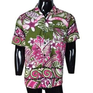 VTG 60s 70s Barkcloth Hawaiian Tiki Psychedelic Floral Men's Button-Down Shirt